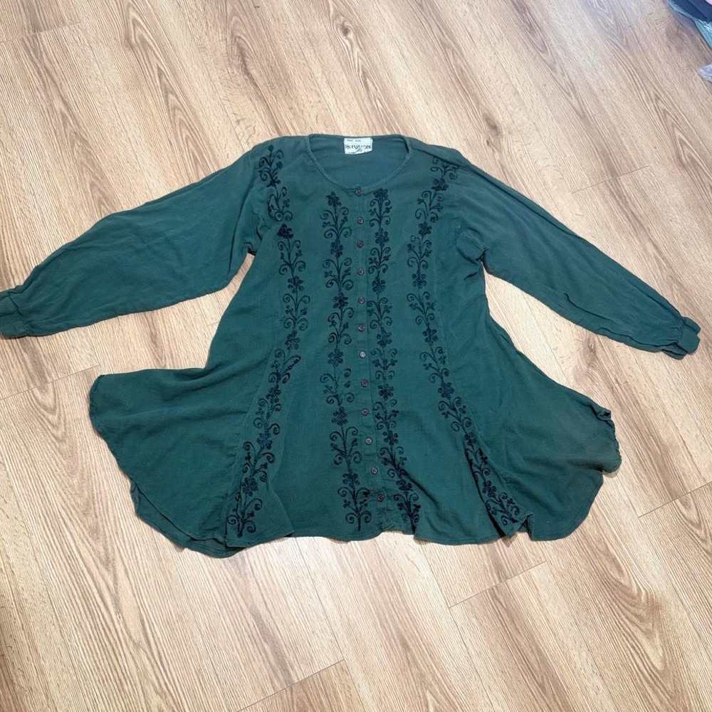 Fusion Handmade Cotton Tunic Top Green Embroidered Boho Long Sleeve Large